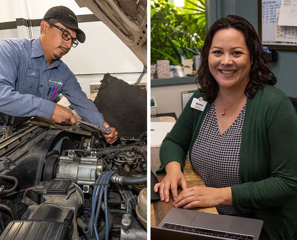 employee working with machine and employee in office